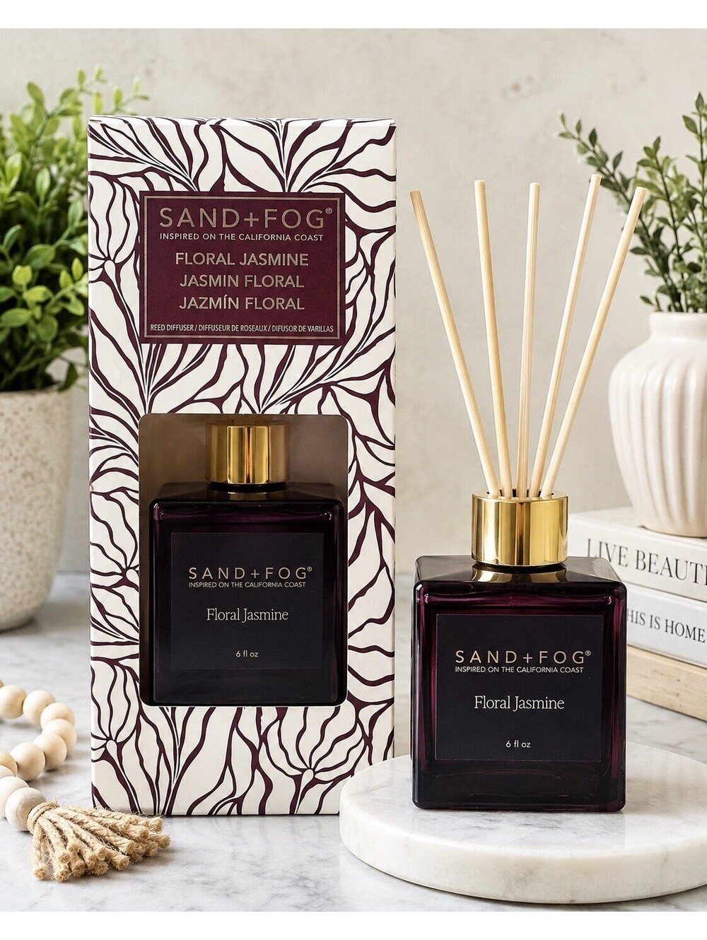 SAND+FOG Floral Jasmine Reed Diffuser Set, Oil, Glass Bottle, 6 fl oz, 1 Pack
